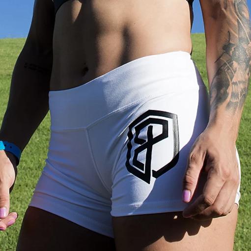 Renewed Vigor Booty Shorts (White w/ Black Logo) – MotusPR